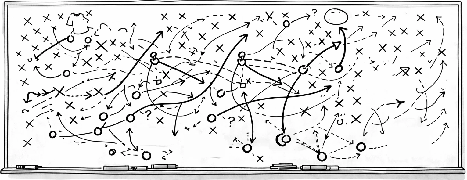 A coach's whiteboard, densely covered edge to edge with hand-drawn X's, O's, and arrows — the tangle of modern recruiting.